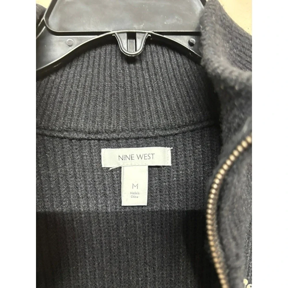 Nine West MEDIUM Sequin Stripe Half‎ Zip Sweater Black Ribbed Knit Classic